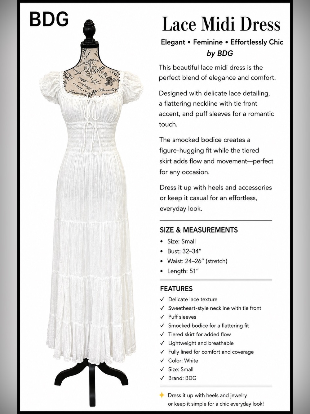 BDG White Lace Maxi Dress with Puff Sleeves